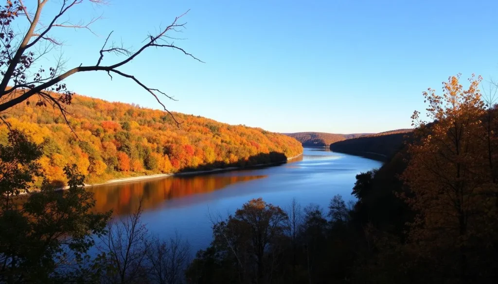 Muscle Shoals Tennessee River in autumn with colorful foliage Muscle Shoals Tennessee River in autumn with colorful foliage
