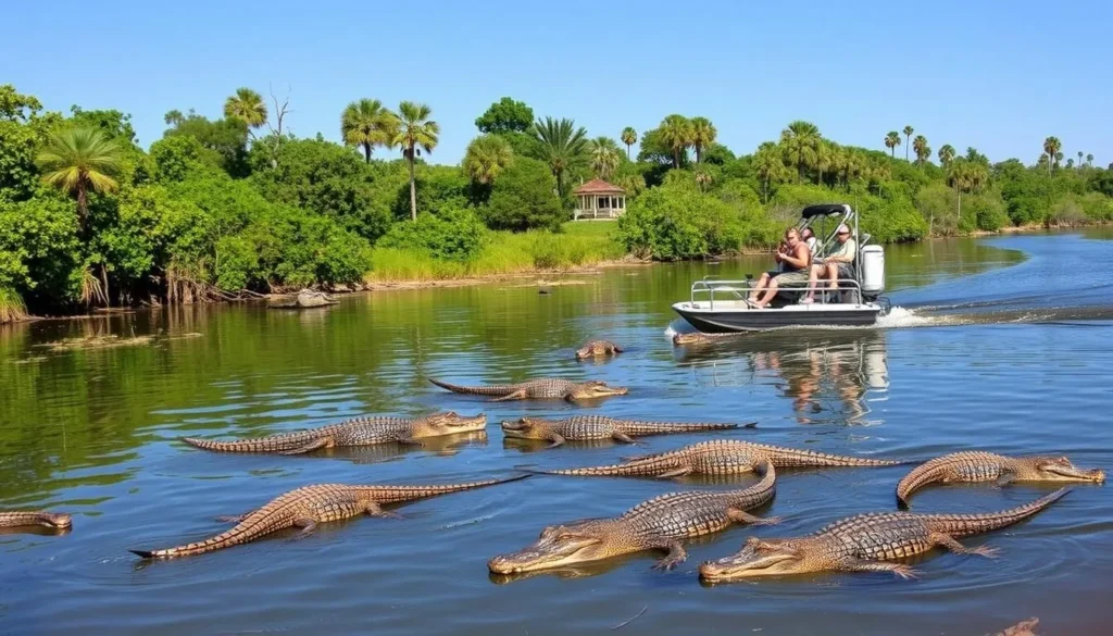 Myakka River State Park with an airboat tour on the water and alligators visible