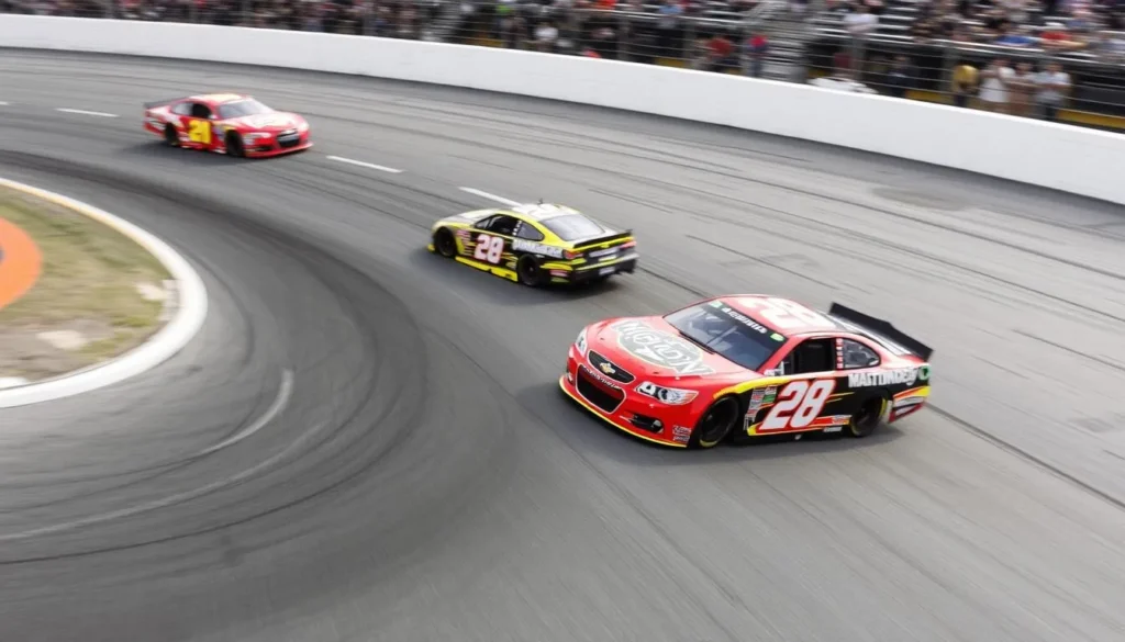 NASCAR race cars speeding around Daytona International Speedway in Volusia County, Florida NASCAR race cars speeding around Daytona International Speedway in Volusia County, Florida