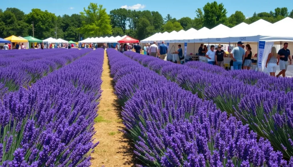 NY Lavender Festival in Wayne County with purple lavender fields and visitors NY Lavender Festival in Wayne County with purple lavender fields and visitors
