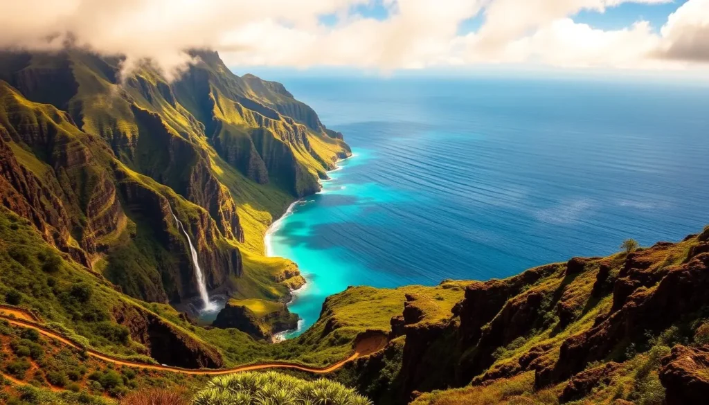 Napali Coast, Kauai, Hawaii - a breathtaking vista of emerald cliffs, cascading waterfalls, and turquoise waters. Capture the essence of this natural wonder in a picturesque landscape. Showcase the rugged, towering sea cliffs in the foreground, their jagged edges and lush vegetation creating a dramatic contrast. In the middle ground, a winding trail leads the eye towards the shimmering ocean, inviting the viewer to explore. The background features the endless blue of the Pacific, with wispy clouds drifting overhead, illuminated by warm, golden sunlight. Convey a sense of adventure, tranquility, and the profound beauty of this remarkable coastal destination. Prompt