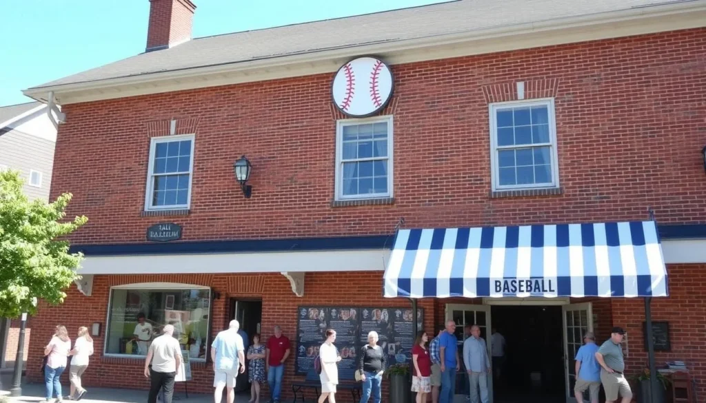 National Baseball Hall of Fame and Museum in Cooperstown with visitors outside National Baseball Hall of Fame and Museum in Cooperstown with visitors outside