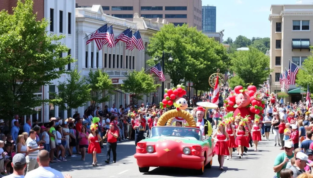 National Cherry Festival parade in downtown Traverse City Michigan with crowds lining Front Street National Cherry Festival parade in downtown Traverse City Michigan with crowds lining Front Street
