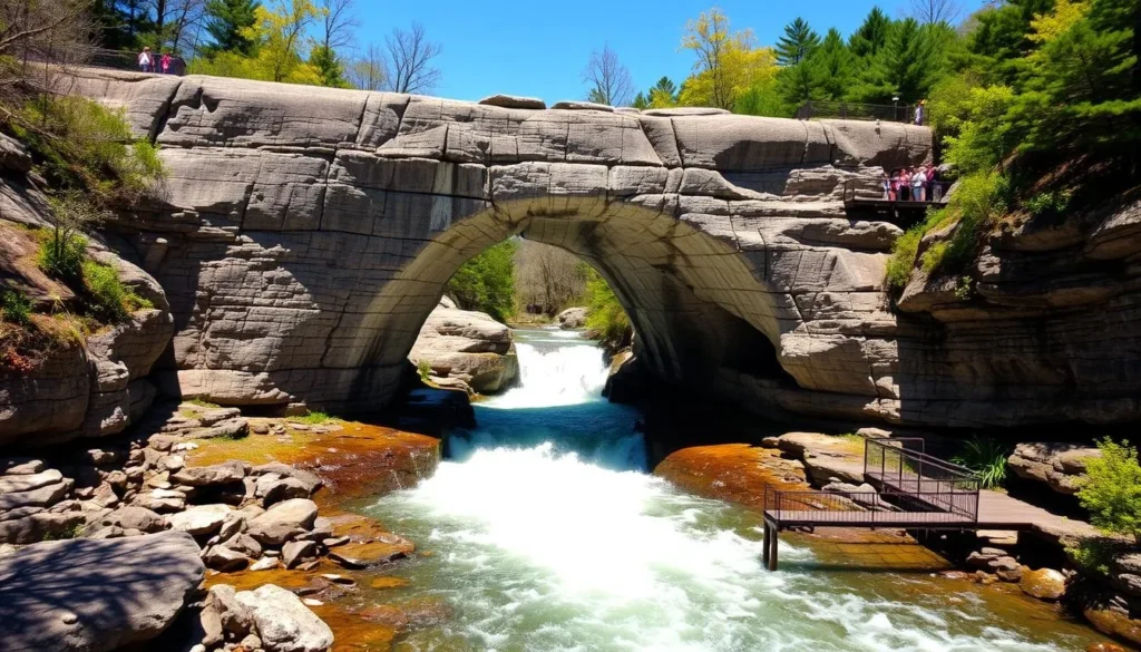 Natural Stone Bridge formation with waterfall in Pottersville near Warren County, NY Natural Stone Bridge formation with waterfall in Pottersville near Warren County, NY