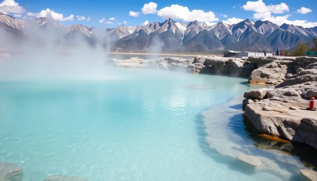 Natural hot spring pool with steam rising and mountain views in Mono County Natural hot spring pool with steam rising and mountain views in Mono County