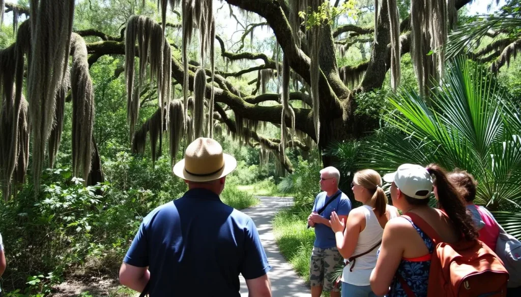 Naturalist guide leading a small group on a nature walk through maritime forest on Little St. Simons Island Naturalist guide leading a small group on a nature walk through maritime forest on Little St. Simons Island