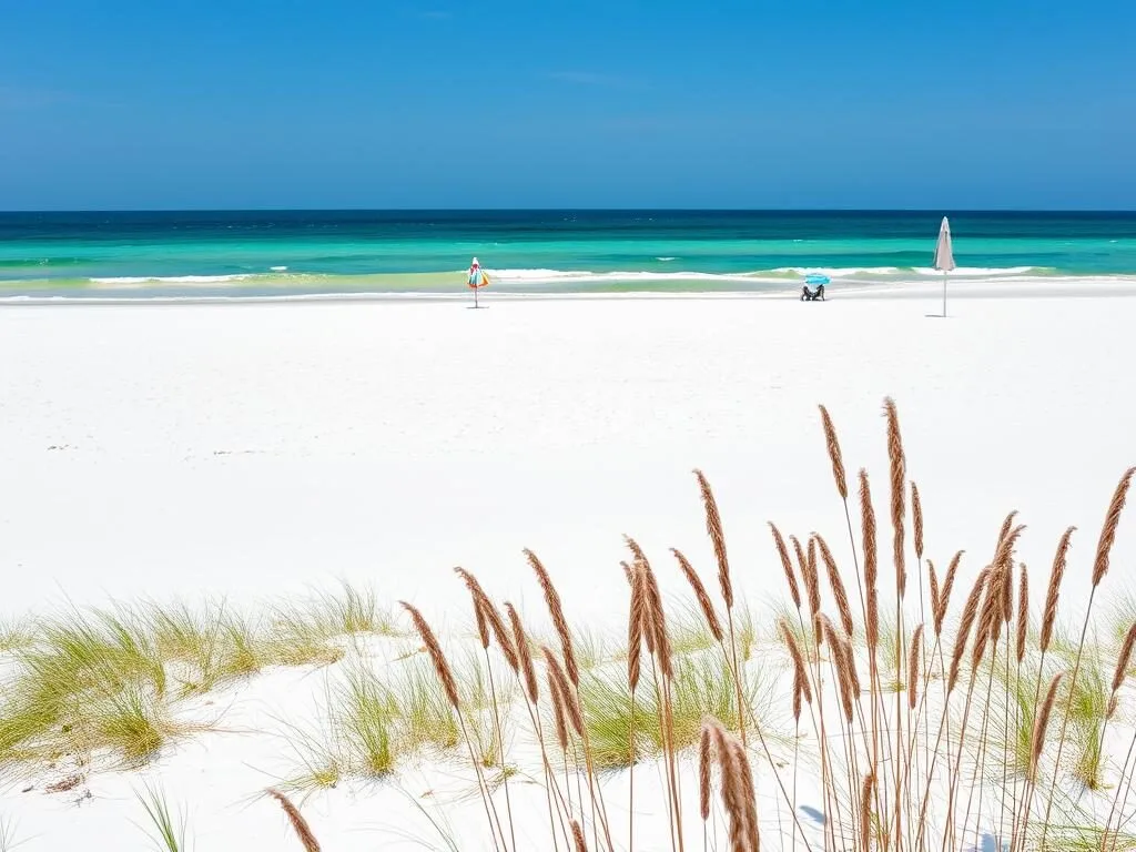 Navarre Beach in Santa Rosa County Florida with white sand and emerald waters Navarre Beach in Santa Rosa County Florida with white sand and emerald waters
