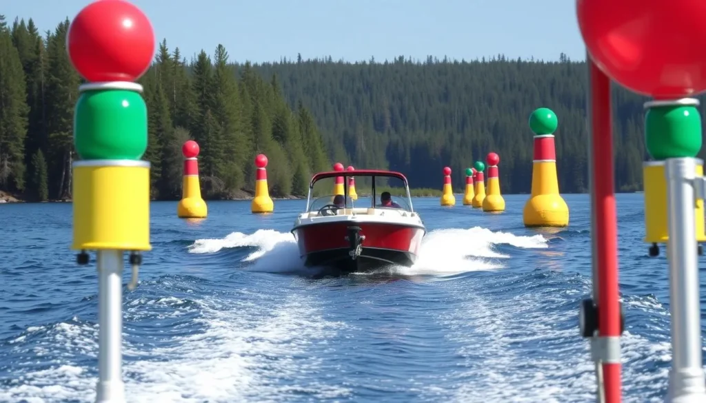 Navigation markers and buoys in Voyageurs National Park waterways with boat following the channel Navigation markers and buoys in Voyageurs National Park waterways with boat following the channel