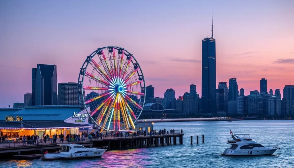 Navy Pier in Chicago with its iconic Ferris wheel illuminated at dusk, people enjoying the attractions Navy Pier in Chicago with its iconic Ferris wheel illuminated at dusk, people enjoying the attractions