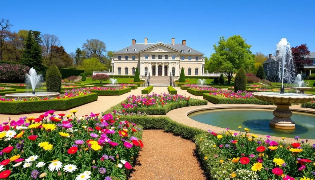 Nemours Estate gardens in spring with colorful flowers and fountains in Wilmington Delaware Nemours Estate gardens in spring with colorful flowers and fountains in Wilmington Delaware