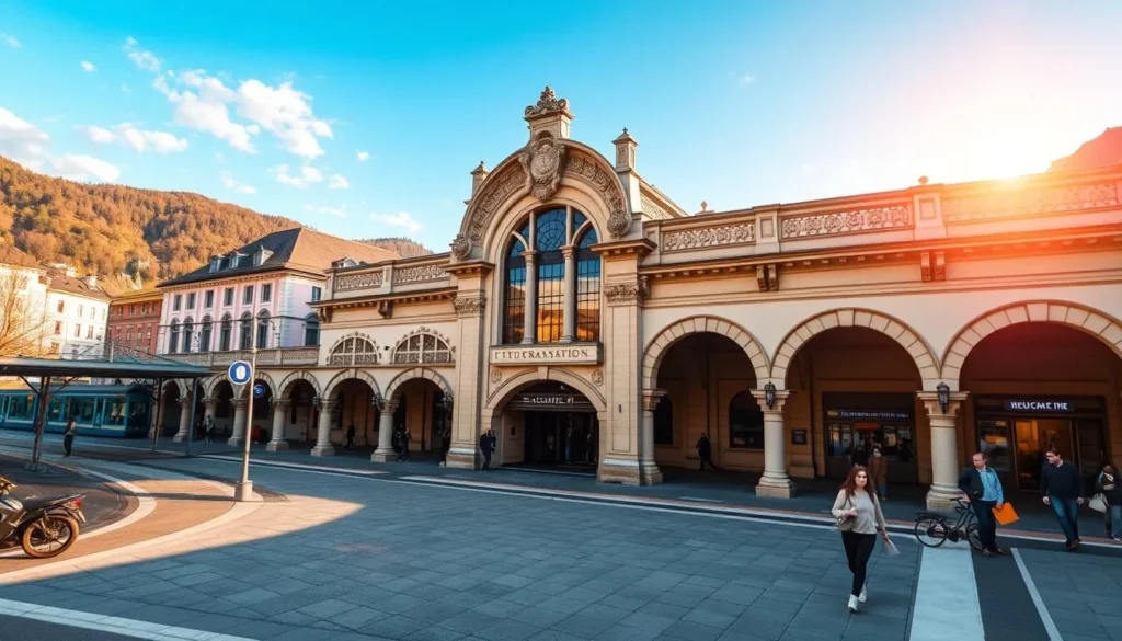 Neuchâtel train station, a charming architectural gem nestled in the heart of the city. Capture the station's elegant facade, with its blend of classical and modern elements, bathed in the warm glow of a sun-drenched afternoon. Depict the bustling platform, where passengers hurry to catch their trains, against the backdrop of the surrounding alpine landscape. Render the station's arched entryways, ornate details, and the inviting plaza that beckons travelers to explore the city's delights. Convey a sense of timeless elegance and the vibrant energy of this picturesque transportation hub, perfectly complementing the charm of Neuchâtel.
