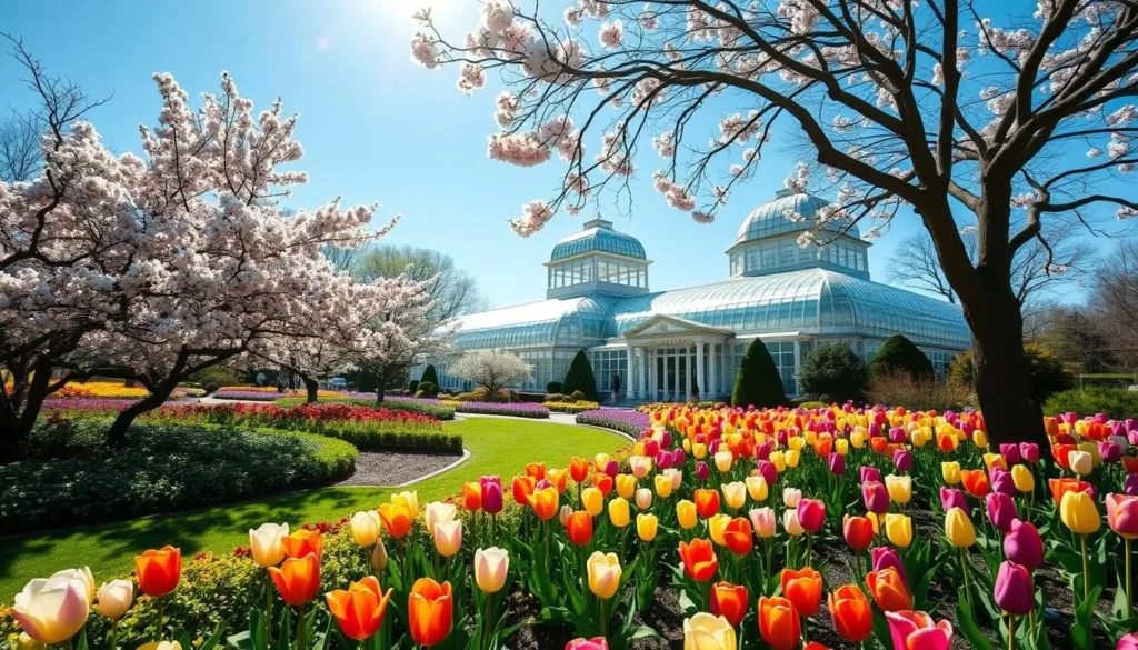 New York Botanical Garden in spring with cherry blossoms in bloom in Bronx County New York Botanical Garden in spring with cherry blossoms in bloom in Bronx County