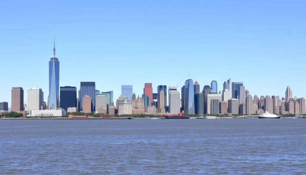 New York City skyline view from across the Hudson River showing Manhattan skyscrapers New York City skyline view from across the Hudson River showing Manhattan skyscrapers