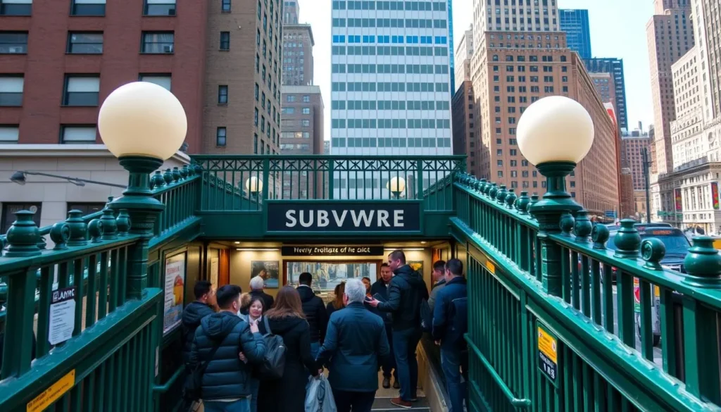 New York City subway entrance with people entering and exiting New York City subway entrance with people entering and exiting