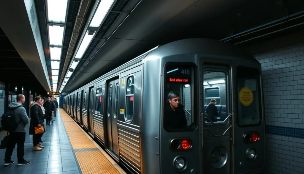 New York City subway train arriving at a station with passengers waiting on the platform - essential transportation for exploring the best things to do in New York City New York City subway train arriving at a station with passengers waiting on the platform - essential transportation for exploring the best things to do in New York City