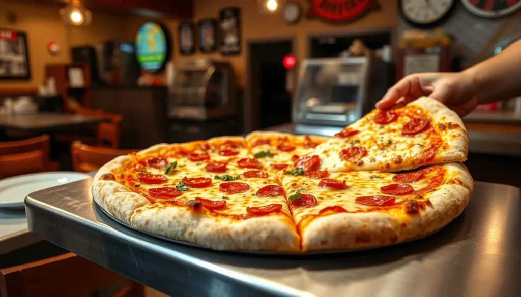 New York style pizza being served in a traditional pizzeria - a must-try food among the best things to do in New York City New York style pizza being served in a traditional pizzeria - a must-try food among the best things to do in New York City