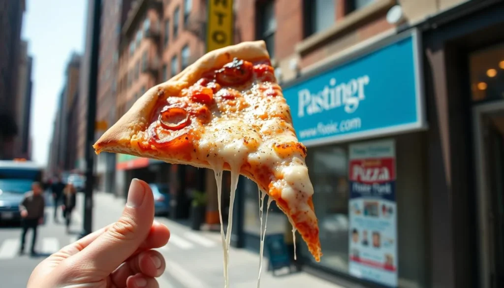 New York-style pizza slice being held up with Manhattan street scene in background New York-style pizza slice being held up with Manhattan street scene in background