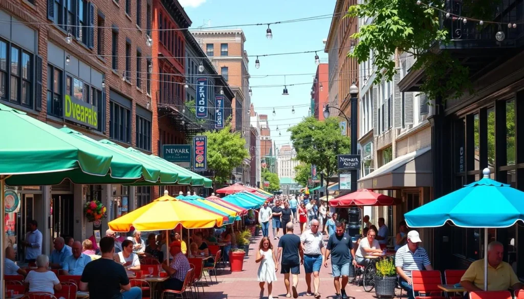 Newark Avenue Pedestrian Plaza in Downtown Jersey City with outdoor dining and shops Newark Avenue Pedestrian Plaza in Downtown Jersey City with outdoor dining and shops