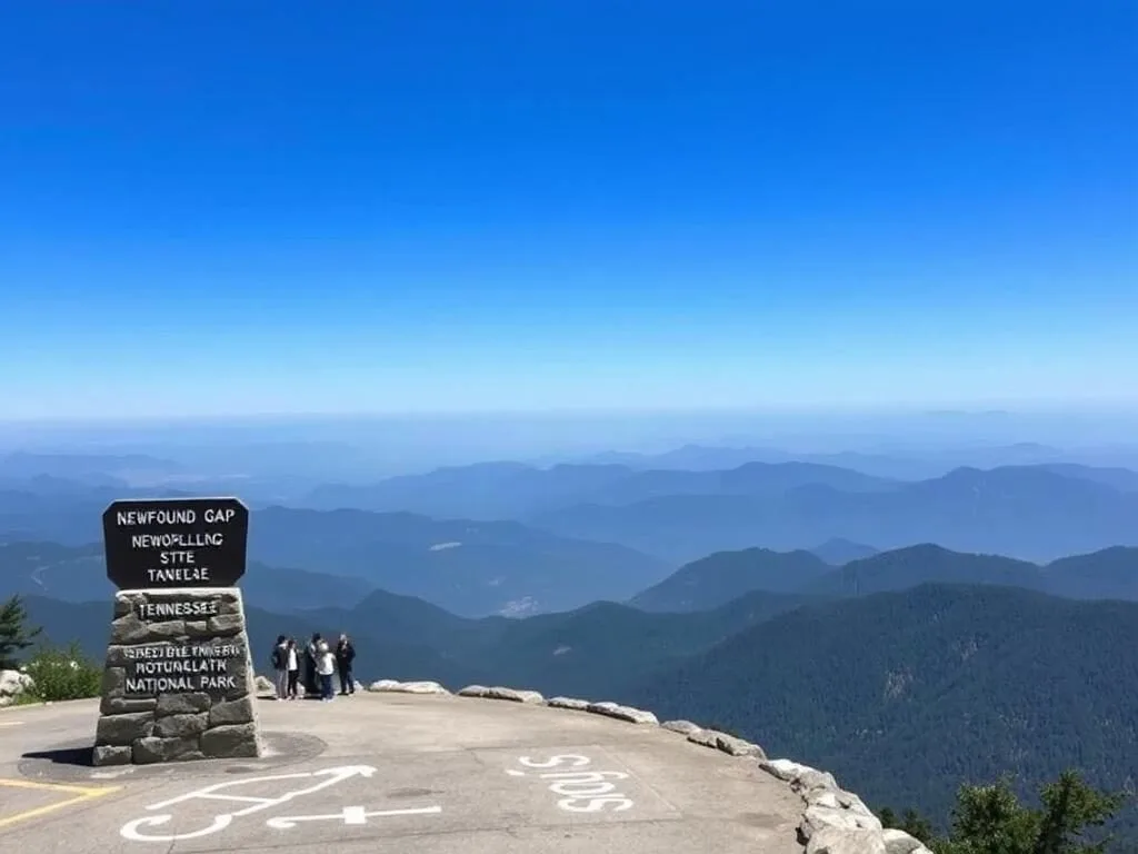 Newfound Gap with scenic mountain views and the Tennessee-North Carolina state line marker Newfound Gap with scenic mountain views and the Tennessee-North Carolina state line marker