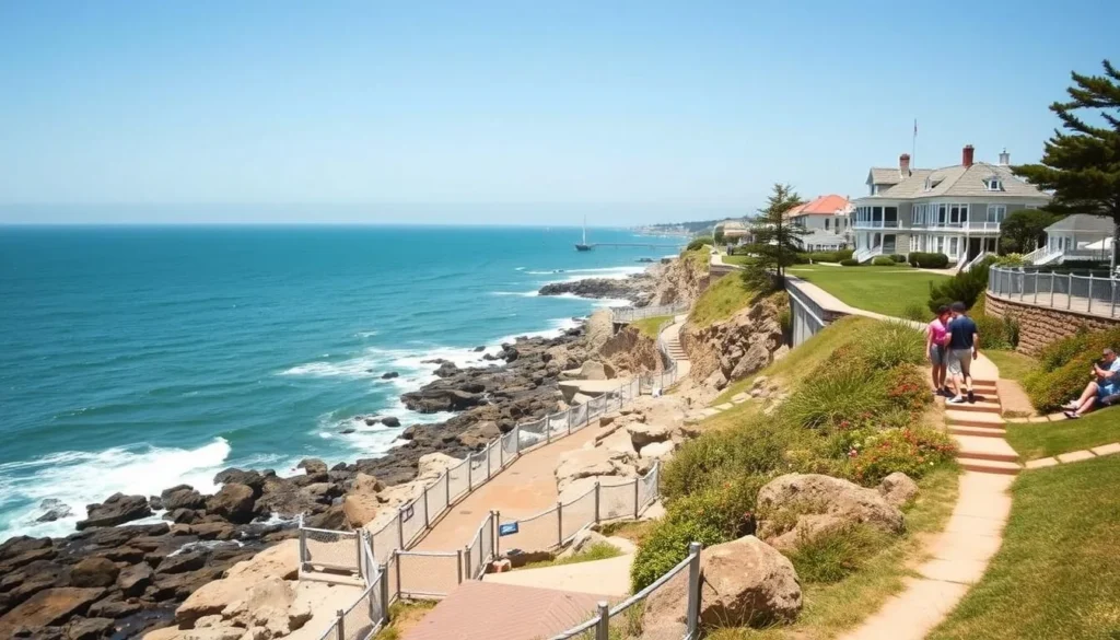 Newport Rhode Island things to do in summer - Cliff Walk with ocean views and mansions Newport Rhode Island things to do in summer - Cliff Walk with ocean views and mansions