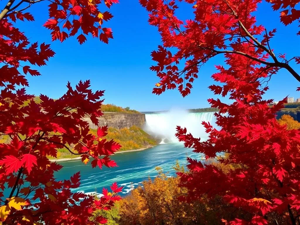 Niagara Falls State Park in autumn with colorful fall foliage surrounding the falls