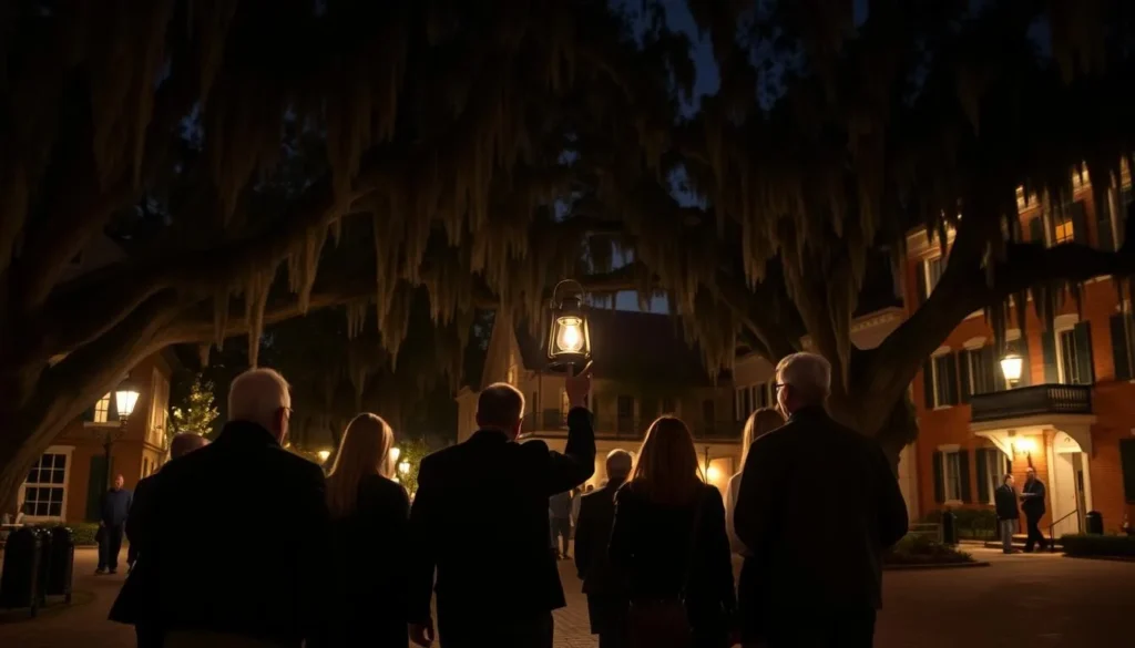 Nighttime ghost tour in Savannah Historic District with lantern-carrying guide