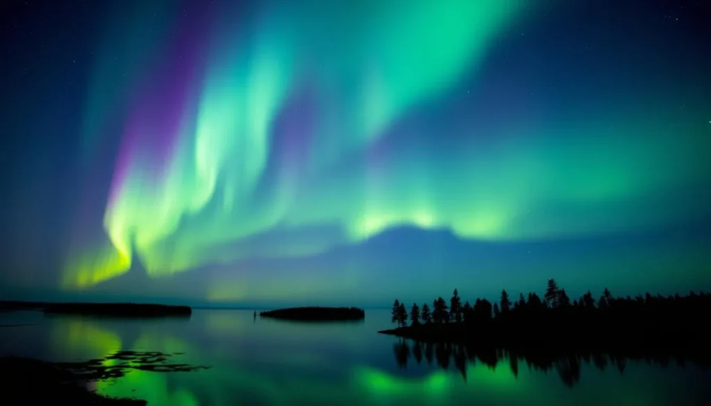 Northern lights display over Voyageurs National Park with green aurora reflected in lake water Northern lights display over Voyageurs National Park with green aurora reflected in lake water