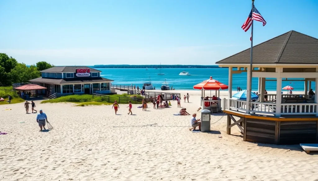 Oakland Beach in Warwick, Rhode Island showing the beach area and famous Iggy's restaurant