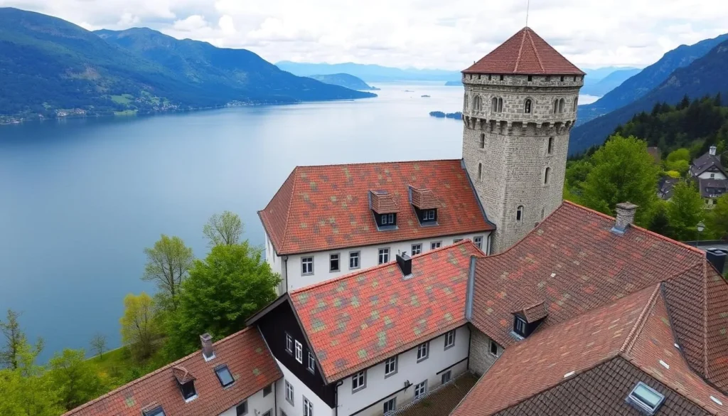 Oberhofen Castle on Lake Thun with its colorful roof tiles and medieval keep