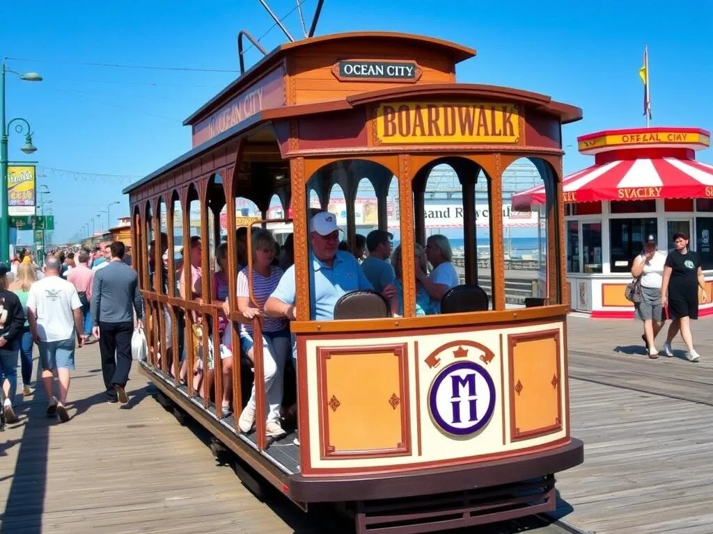 Ocean City Boardwalk Tram transporting visitors along the famous boardwalk Ocean City Boardwalk Tram transporting visitors along the famous boardwalk