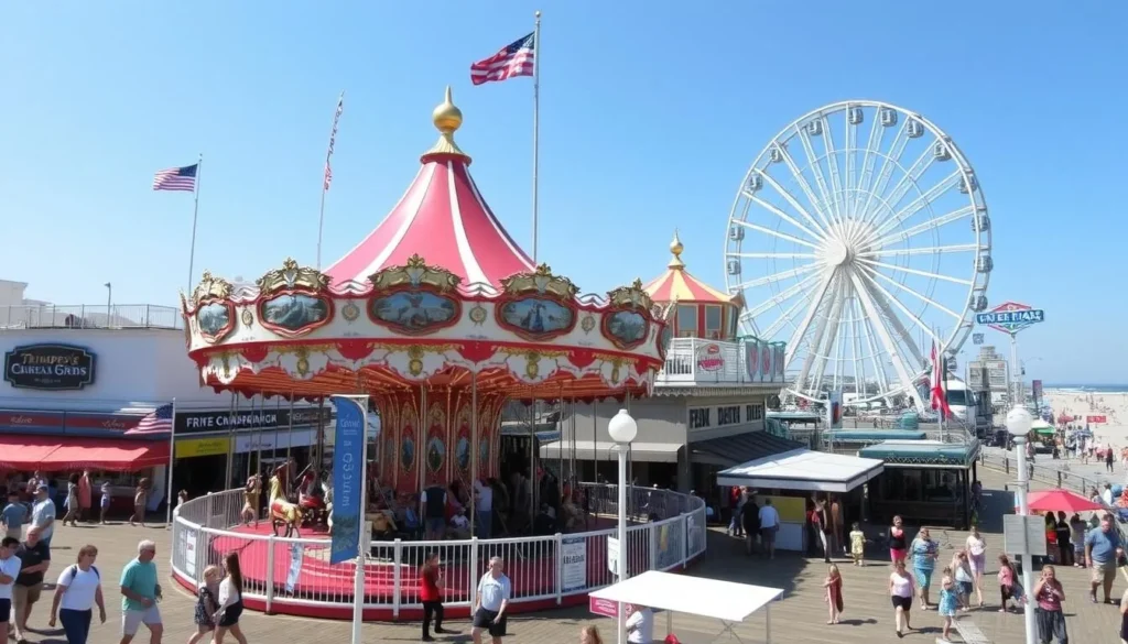 Ocean City Boardwalk with Trimper's Rides amusement park and crowds enjoying the attractions Ocean City Boardwalk with Trimper's Rides amusement park and crowds enjoying the attractions