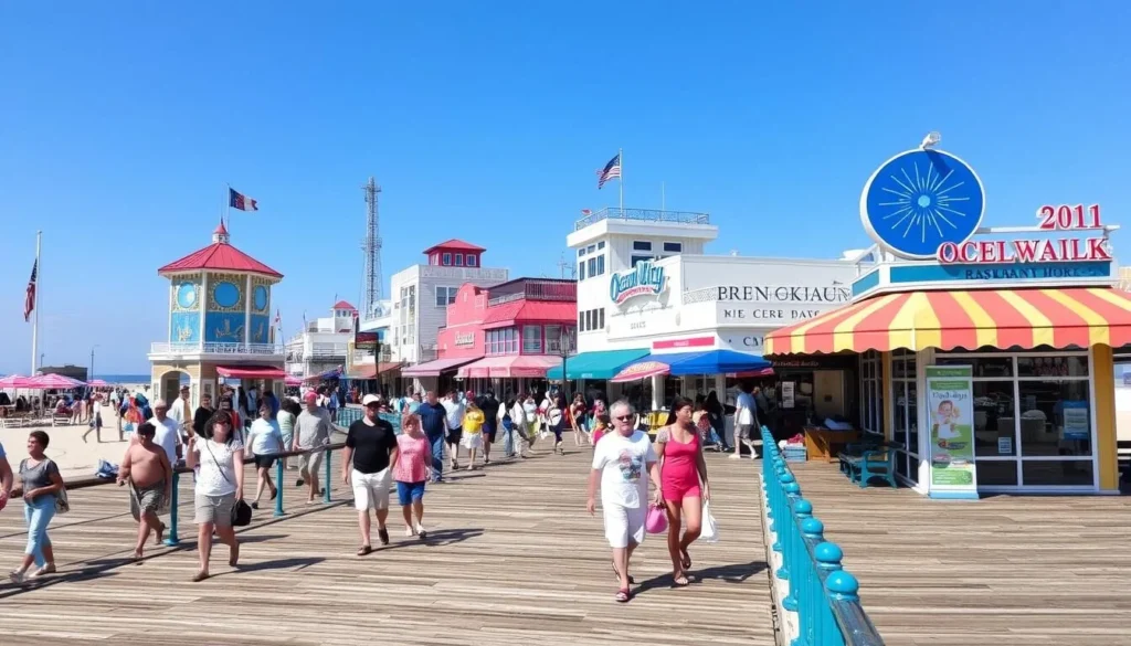 Ocean City Delaware boardwalk during summer with visitors enjoying activities Ocean City Delaware boardwalk during summer with visitors enjoying activities