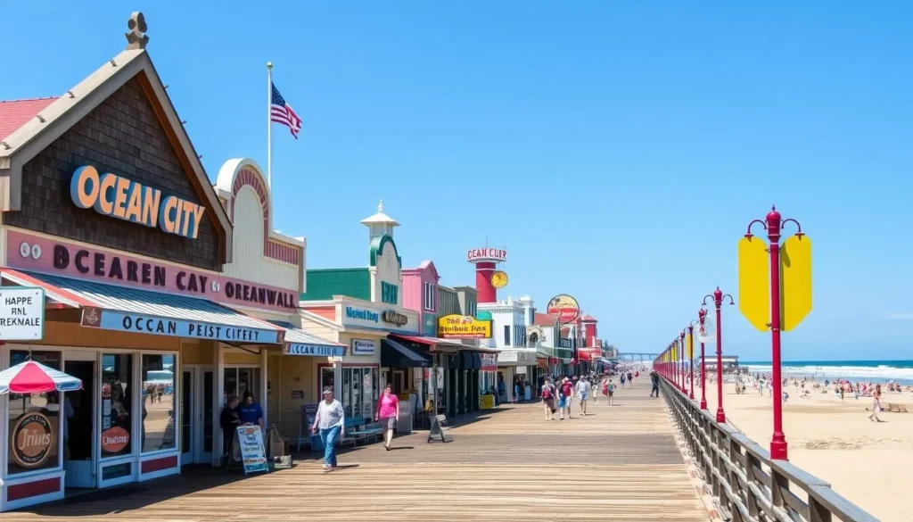 Ocean City Delaware boardwalk with shops, restaurants and ocean view Ocean City Delaware boardwalk with shops, restaurants and ocean view