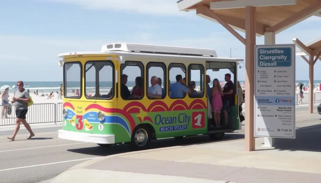 Ocean City Delaware trolley transportation with beach in background Ocean City Delaware trolley transportation with beach in background