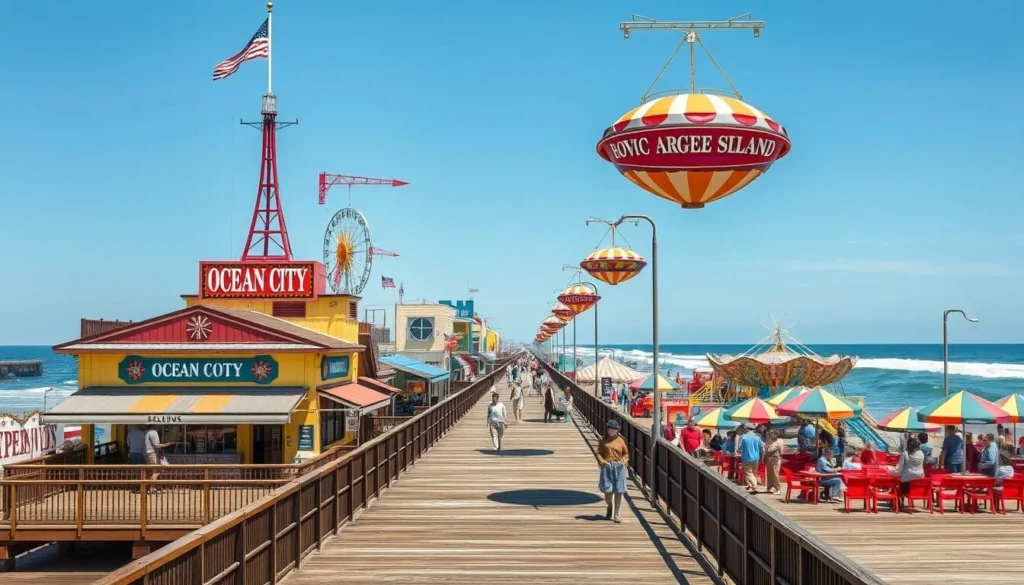 Ocean City boardwalk near Assateague Island, Delaware with attractions and beach Ocean City boardwalk near Assateague Island, Delaware with attractions and beach
