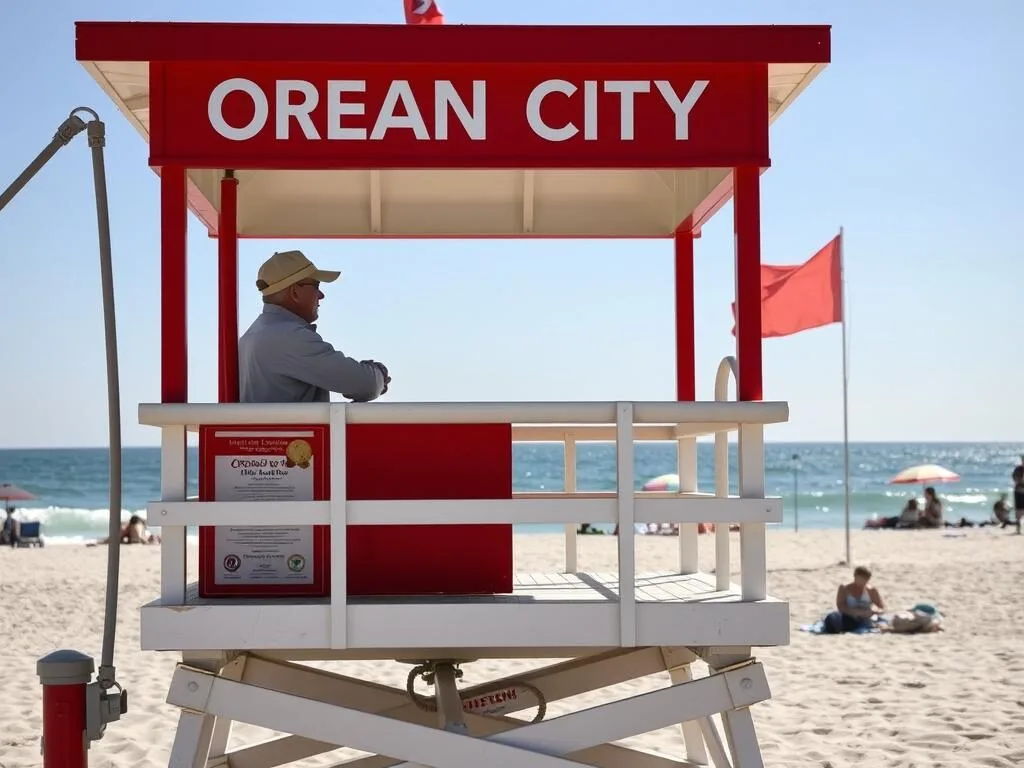 Ocean City lifeguard stand with red flag indicating swimming conditions Ocean City lifeguard stand with red flag indicating swimming conditions