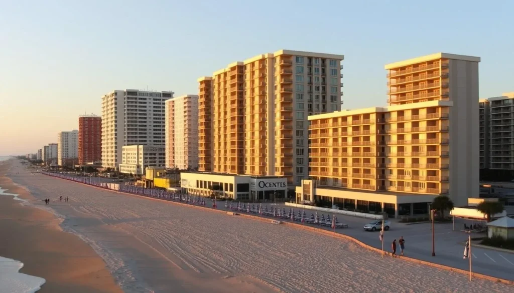 Oceanfront hotels and condos along Ocean City beach at sunset Oceanfront hotels and condos along Ocean City beach at sunset