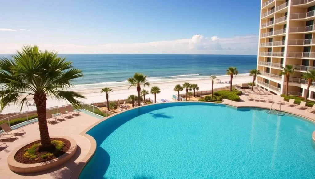 Oceanfront resort with pool overlooking Daytona Beach in Volusia County, Florida Oceanfront resort with pool overlooking Daytona Beach in Volusia County, Florida