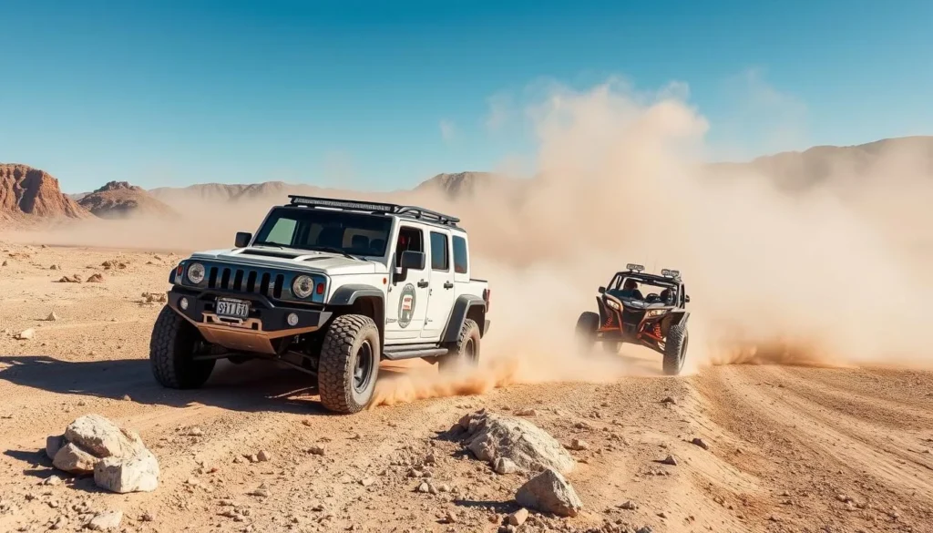Off-road vehicles traversing desert terrain in Johnson Valley - adventurous San Bernardino County things to do Off-road vehicles traversing desert terrain in Johnson Valley - adventurous San Bernardino County things to do