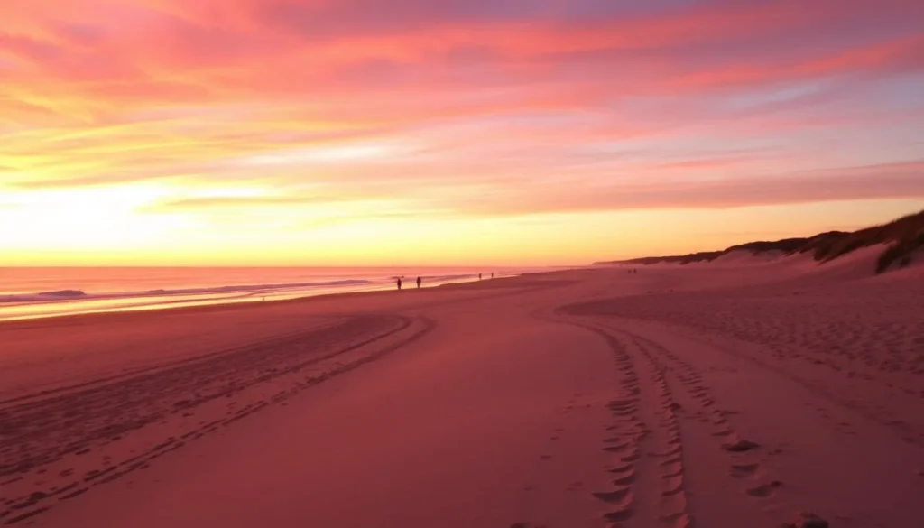 Ogunquit Beach at sunset with people enjoying the coastline