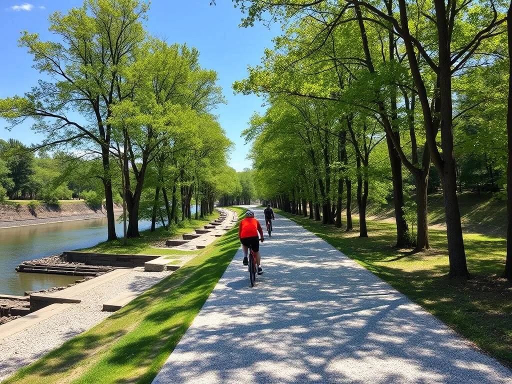 Ohio & Erie Canal Towpath Trail with cyclists riding through tree-lined path Ohio & Erie Canal Towpath Trail with cyclists riding through tree-lined path