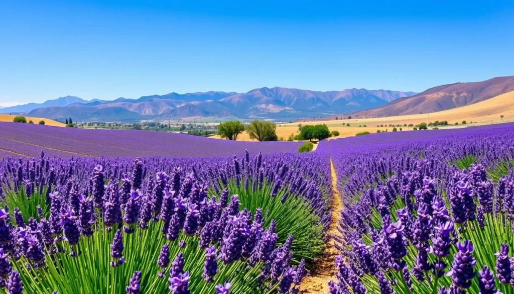 Ojai Valley lavender fields in bloom with mountains in the background under clear blue skies Ojai Valley lavender fields in bloom with mountains in the background under clear blue skies