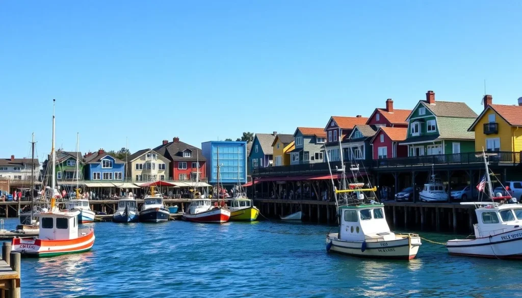 Old Fisherman's Wharf in Monterey with colorful buildings and boats in the harbor