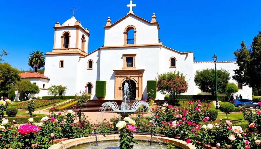 Old Mission Santa Barbara with its iconic facade and rose garden Old Mission Santa Barbara with its iconic facade and rose garden