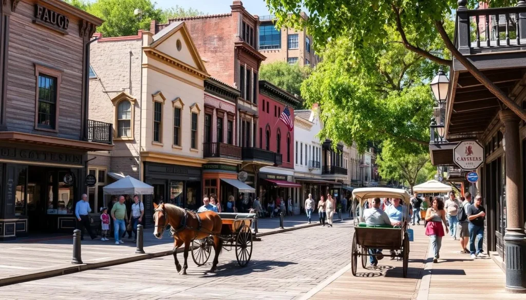 Old Sacramento Waterfront historic district with Gold Rush era buildings and cobblestone streets