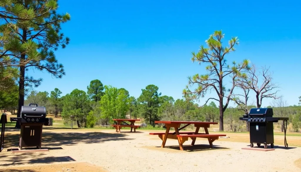 Oliver Lee Memorial State Park campsite with picnic tables and barbecue grills under a clear blue sky