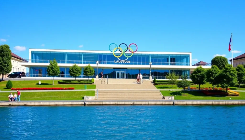 Olympic Museum Lausanne exterior with a beautiful view of Lake Geneva