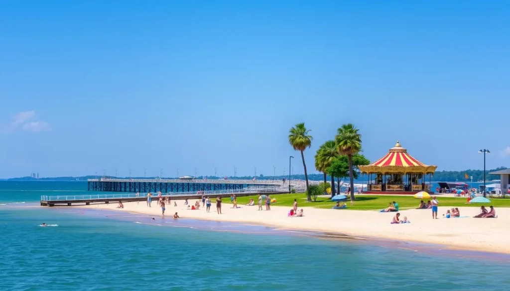 Ontario Beach Park in Monroe County with sandy beach, pier, and historic carousel on a summer day Ontario Beach Park in Monroe County with sandy beach, pier, and historic carousel on a summer day