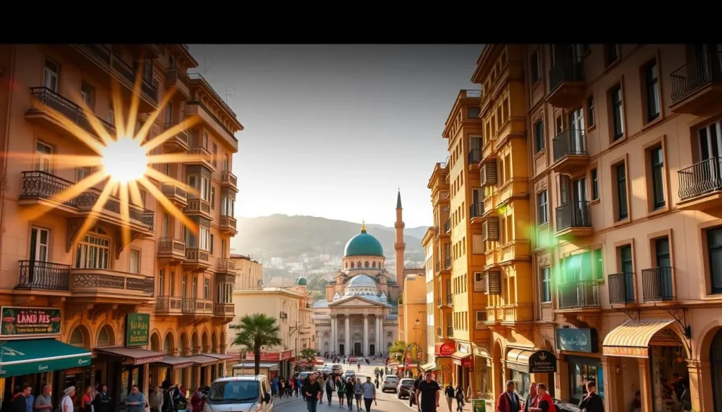 Oran's captivating cityscape, a harmonious blend of French colonial architecture and modern Algerian influences. Sunlight dances across the ornate facades of towering beige buildings, their intricate balconies and arched windows casting playful shadows. In the foreground, a bustling street scene unfolds, with locals and visitors alike strolling past vibrant storefronts and lively cafes. The middle ground reveals the iconic green-domed Grand Mosque, its majestic presence commanding attention. Beyond, the horizon is dotted with the rolling hills and rugged coastline that define this picturesque "Pearl of Western Algeria." The overall scene exudes a sense of timeless charm and cultural vibrancy.