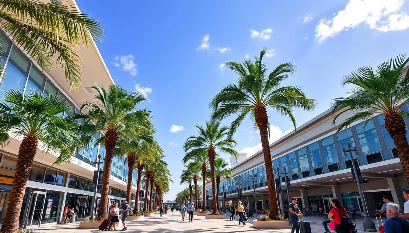 Orlando International Airport terminal with palm trees and modern architecture